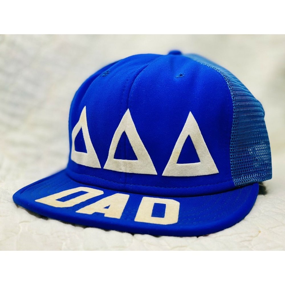 Vtg Tri Delta Greek Letter Cap Logo Mesh Foam Snap Back Trucker AJD Blue Dad Hat